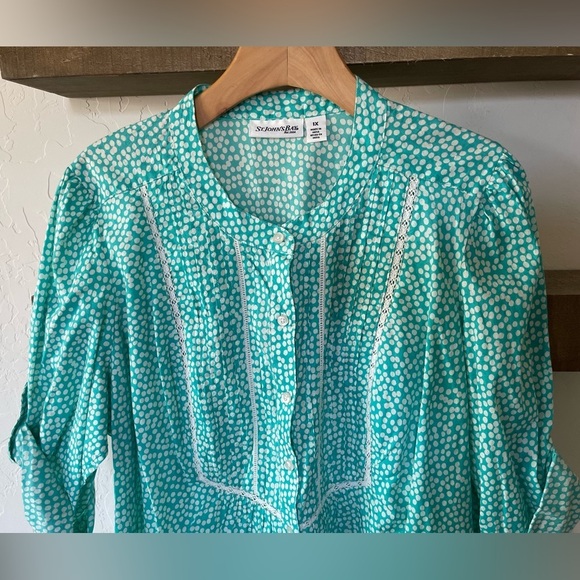 St. John’s Bay|Mint Blue Polka Dot Button Down Long Sleeve Blouse with Crotchet• - Picture 2 of 9